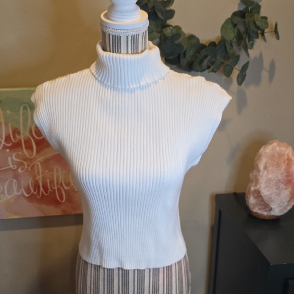 White Ribbed Turtleneck Sleeveless Top
